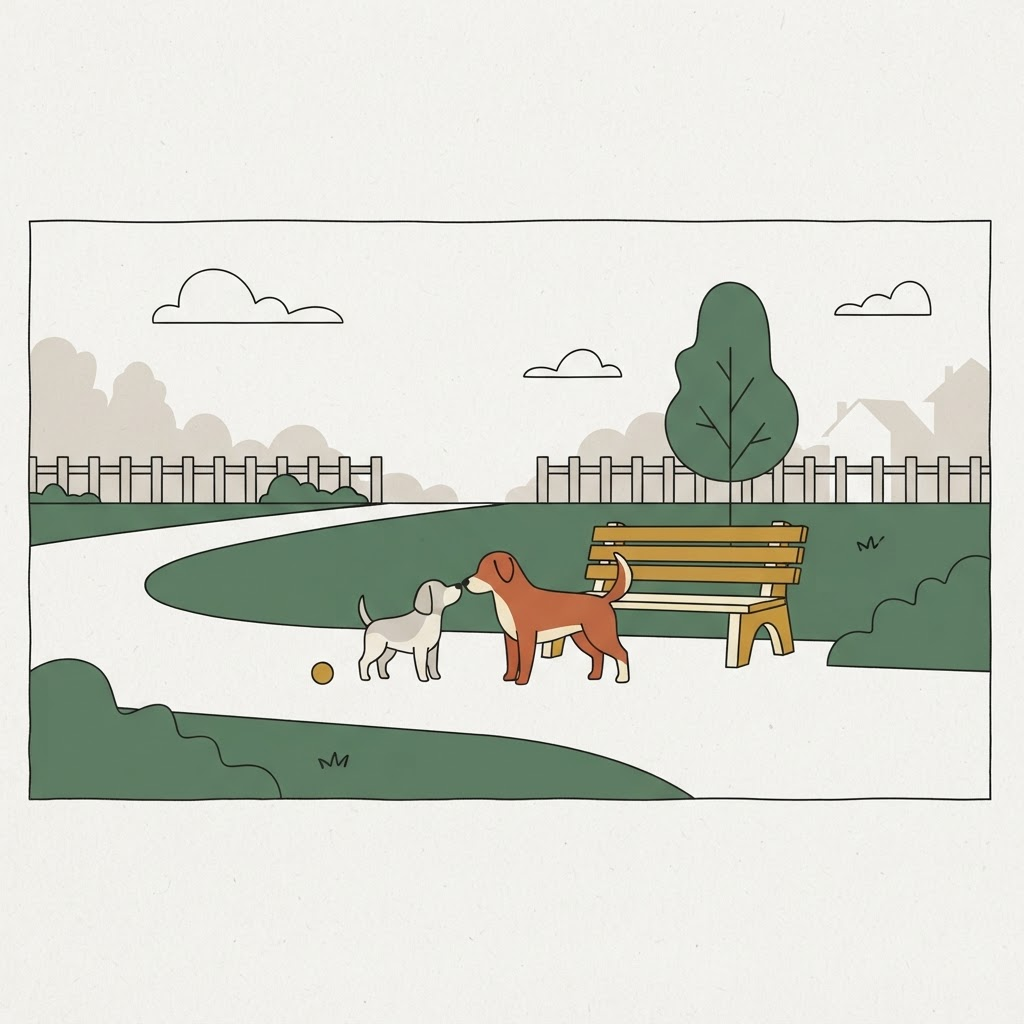 Two dogs of similar size greeting each other in a park while their owners' leads hang loose, no faces shown